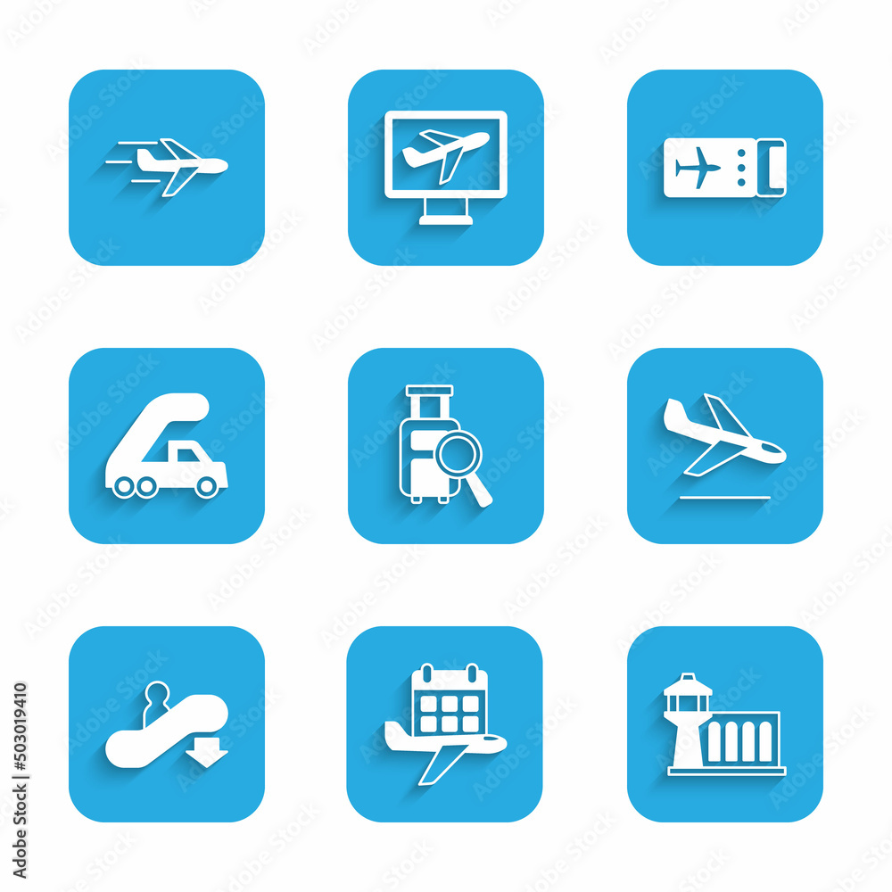 Set Lost baggage, Calendar and airplane, Airport control tower, Plane landing, Escalator down, Passenger ladder for boarding, Airline ticket and icon. Vector Set Lost baggage, Calendar and airplane, Airport control tower, Plane landing, Escalator down, Passenger ladder for boarding, Airline ticket and icon. Vector