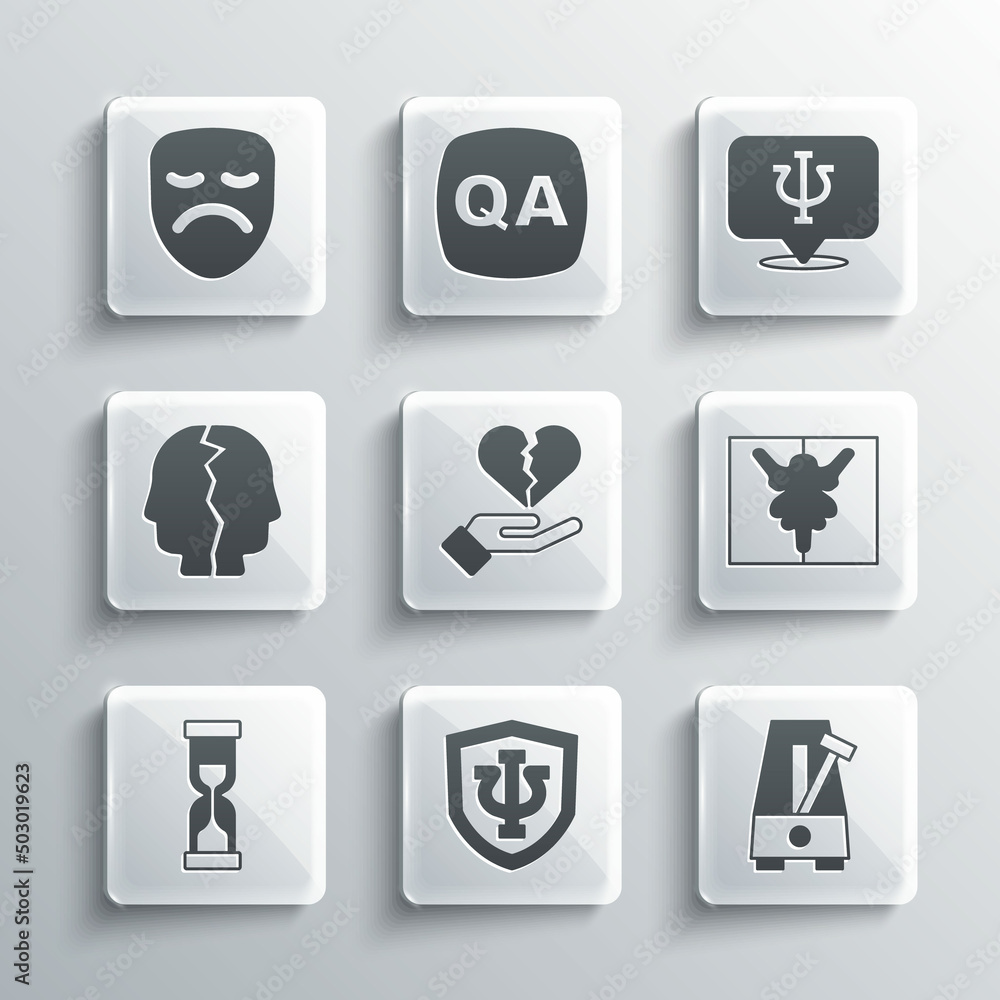 Set Psychology, Psi, Metronome with pendulum, Rorschach test, Broken heart divorce, Old hourglass, Bipolar disorder, Drama theatrical mask and icon. Vector Set Psychology, Psi, Metronome with pendulum, Rorschach test, Broken heart divorce, Old hourglass, Bipolar disorder, Drama theatrical mask and icon. Vector