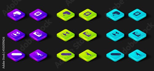 Set Skateboard, wheel, Baseball cap, park, Knee pads and helmet icon. Vector