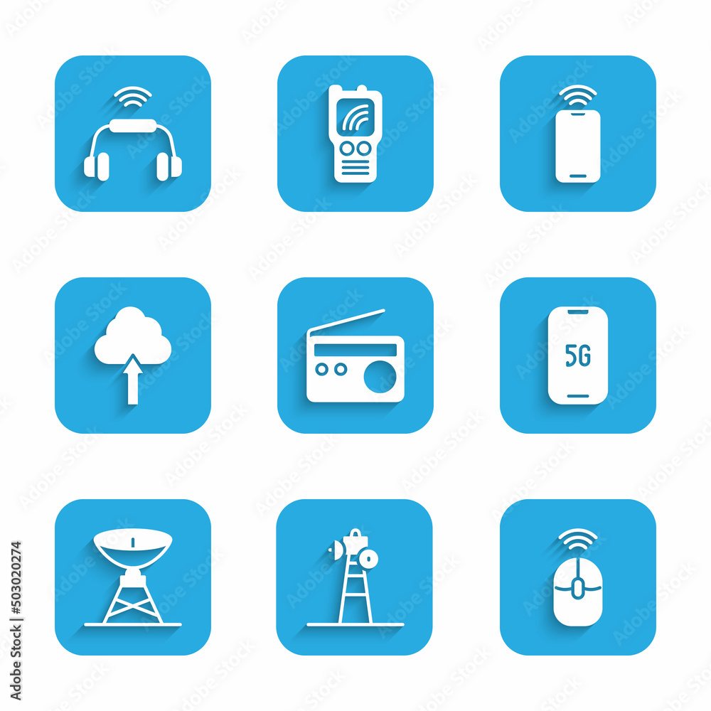 Set Radio, Satellite dish, Wireless computer mouse, Mobile with 5G, Cloud upload, wi-fi wireless and Smart headphones system icon. Vector Set Radio, Satellite dish, Wireless computer mouse, Mobile with 5G, Cloud upload, wi-fi wireless and Smart headphones system icon. Vector