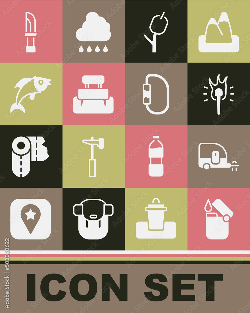 Set Lighter, Rv Camping trailer, Torch flame, Marshmallow on stick, Bench, Fish, Knife and Carabiner icon. Vector Set Lighter, Rv Camping trailer, Torch flame, Marshmallow on stick, Bench, Fish, Knife and Carabiner icon. Vector