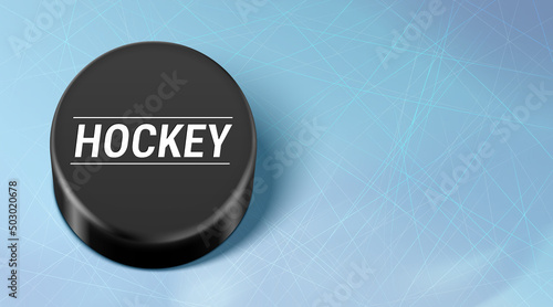 Ice hockey realistic vector background, with rubber puck on a scratched blue rink. Hockey advertising banner with copy space.
