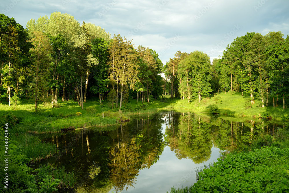 Fototapeta premium Small pond in beautiful park surrounding Uzutrakis Manor, residential manor of the Tyszkiewicz family in Uzutrakis, on the shore of Lake Galve, opposite the famous Trakai Castle.