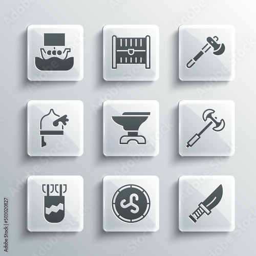 Set Shield viking, Dagger, Medieval poleaxe, Anvil for blacksmithing, Quiver with arrows, Viking horned helmet, ship Drakkar and Wooden icon. Vector