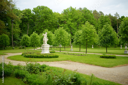 Details of beautiful park surrounding Uzutrakis Manor, residential manor of the Tyszkiewicz family in Uzutrakis, on the shore of Lake Galve, opposite the famous Trakai Castle.