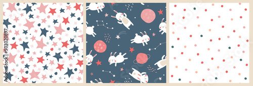 A set of seamless pattern with a cute baby print with hares in space. Sleeping rabbits fly in the sky with stars and planets. Vector graphics.