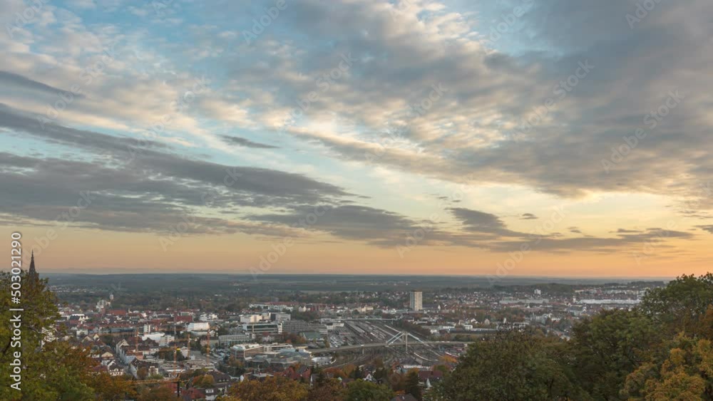Ulm city center and main station from above on a cloudy evening time lapse Ulm city center and main station from above on a cloudy evening time lapse