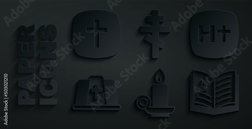 Set Burning candle in candlestick, Christian cross, Pope hat, Holy bible book, and icon. Vector