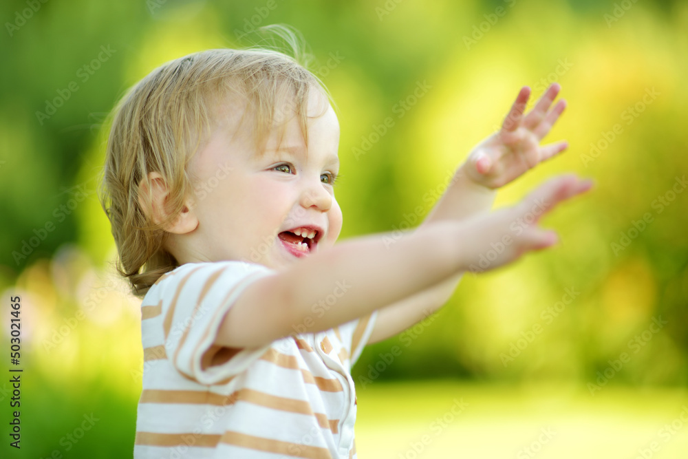 Funny toddler boy having fun outdoors on sunny summer day. Child exploring nature. Funny toddler boy having fun outdoors on sunny summer day. Child exploring nature.
