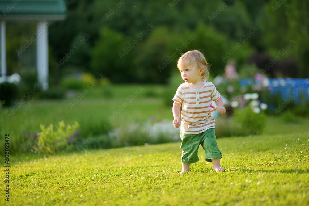 Funny toddler boy having fun outdoors on sunny summer day. Child exploring nature. Funny toddler boy having fun outdoors on sunny summer day. Child exploring nature.