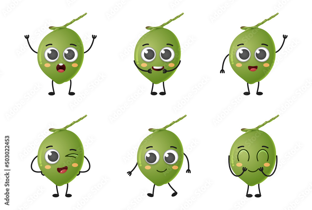 Set of cute cartoon coconut fruit vector character set isolated on white background Set of cute cartoon coconut fruit vector character set isolated on white background