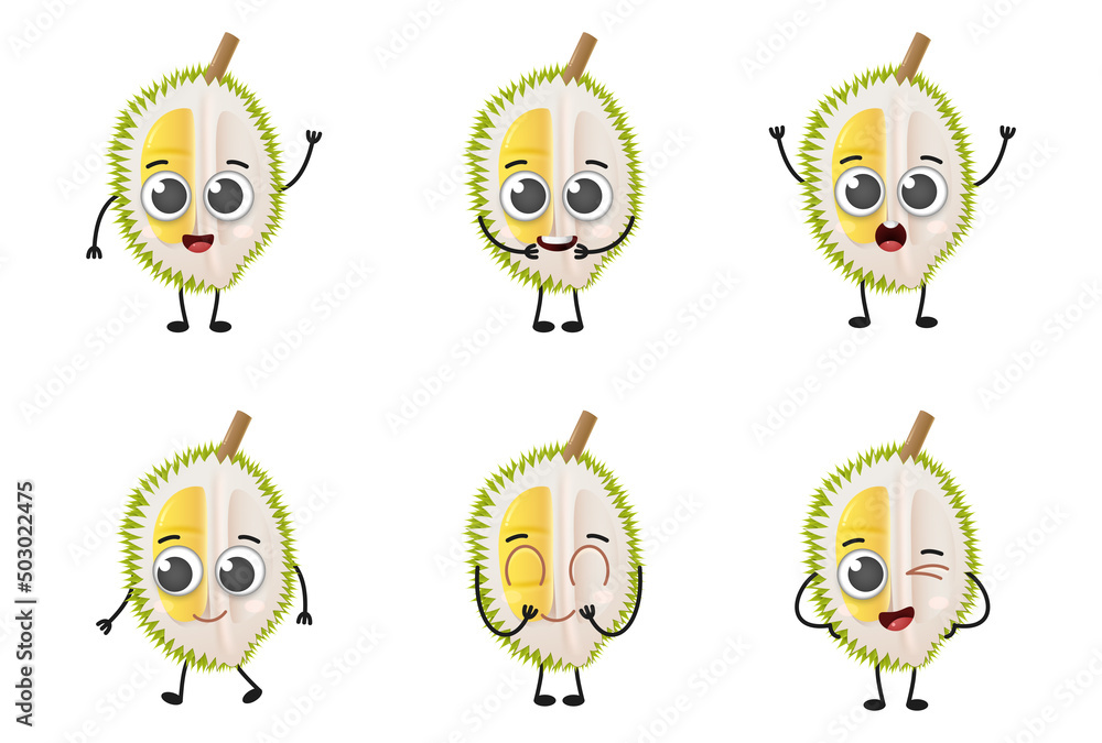 Obraz premium Set of cute cartoon durian fruit vector character set isolated on white background