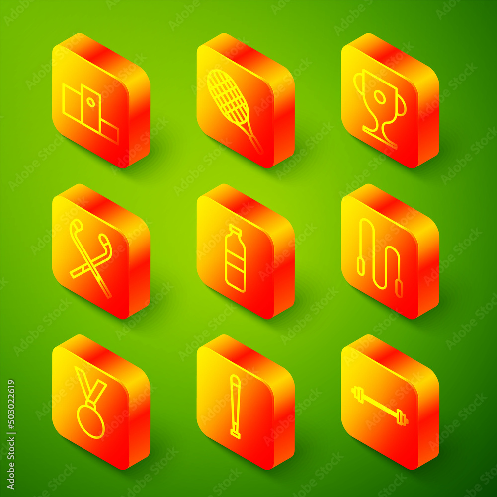 Set line Award over sports winner podium, Tennis racket, cup, Ice hockey sticks, Bottle of water, Jump rope, Medal and Baseball bat icon. Vector Set line Award over sports winner podium, Tennis racket, cup, Ice hockey sticks, Bottle of water, Jump rope, Medal and Baseball bat icon. Vector