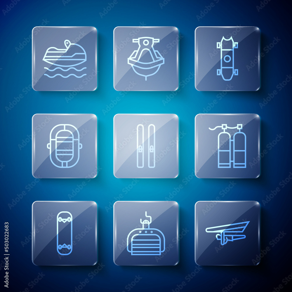Set line Skateboard trick, Ski lift, Hang glider, Longboard or skateboard, and sticks, Rafting boat, Jet ski and Aqualung icon. Vector Set line Skateboard trick, Ski lift, Hang glider, Longboard or skateboard, and sticks, Rafting boat, Jet ski and Aqualung icon. Vector