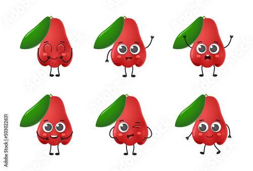 Set of cute cartoon rose apple fruit vector character set isolated on white background