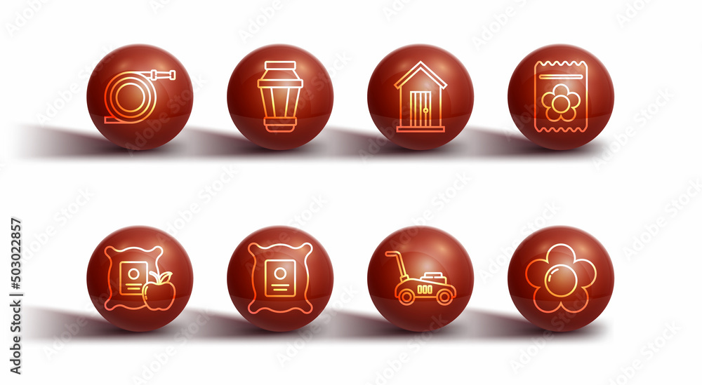 Set line Garden hose or fire hose, Apple in the sack, Pack full of seeds of plant, Lawn mower, light lamp, Flower and Farm house icon. Vector Set line Garden hose or fire hose, Apple in the sack, Pack full of seeds of plant, Lawn mower, light lamp, Flower and Farm house icon. Vector