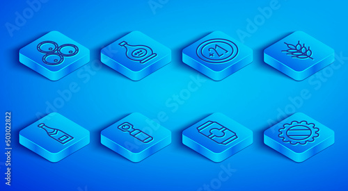 Set line Wooden barrels, Bottle of cognac or brandy, Alcohol 21 plus, opener, Beer can, Hop, Champagne bottle and cap icon. Vector