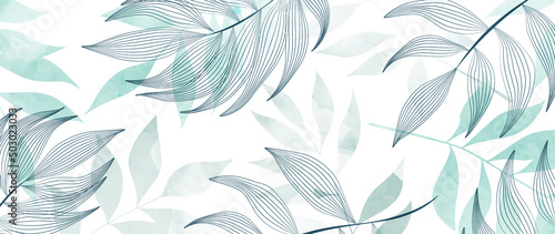 Abstract luxury art background with tropical leaves. Watercolor design in art line style in green and blue colors for wallpaper design, decor, interior