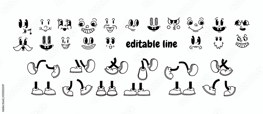 Vintage 50s cartoon and comic happy facial expressions. feet in shoes  and walking leg poses set. Retro quirky characters smile emoji set. Cute avatars with big eyes, cheeks and mouth