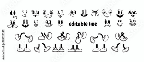 Vintage 50s cartoon and comic happy facial expressions. feet in shoes and walking leg poses set. Retro quirky characters smile emoji set. Cute avatars with big eyes, cheeks and mouth