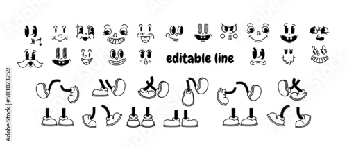 Vector Vintage 50s cartoon and comic happy facial expressions. feet in shoes and walking leg poses set. Retro quirky characters smile emoji set. Cute avatars with big eyes, cheeks and mouth
