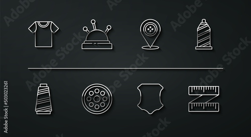 Set line T-shirt, Sewing thread, Leather, button, Needle bed and needles, Tape measure and Location tailor shop icon. Vector