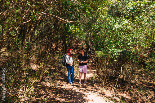 two friends walking and hiking on a mountain trail. young people on holiday. women doing sport