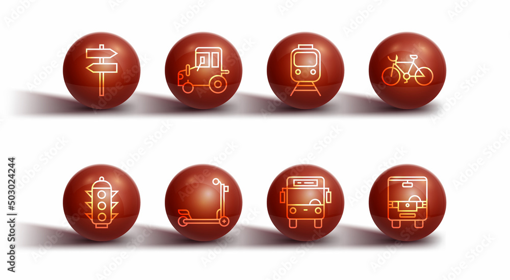 Set line Road traffic signpost, Traffic light, Bicycle, Bus, Scooter, Tractor, and Train and railway icon. Vector Set line Road traffic signpost, Traffic light, Bicycle, Bus, Scooter, Tractor, and Train and railway icon. Vector