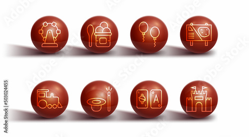 Set line Ferris wheel, Toy train, Amusement park billboard, Tarot cards, Magic hat and wand, Ice cream bowl, Castle and Balloons icon. Vector