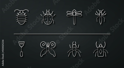 Set line Larva insect, Fly swatter, Spider, Ant, Butterfly, Mite, Beetle bug and Dragonfly icon. Vector