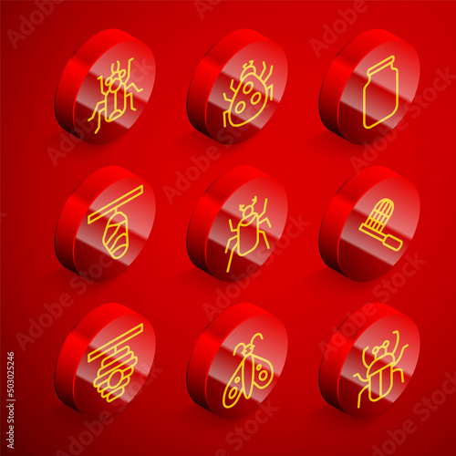 Set line Beetle bug, Ladybug, Glass jar, Butterfly cocoon, net, Hive for bees and icon. Vector