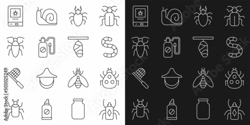 Set line Beetle bug  Ladybug  Worm  deer  Pressure sprayer  Cockroach  Book about insect and Butterfly cocoon icon. Vector