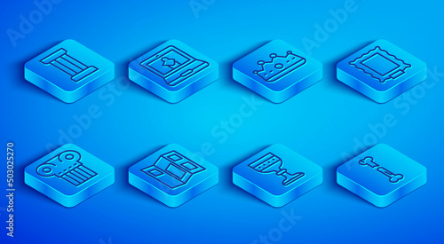 Set line Ancient column, Online museum, King crown, Museum guide brochure, Medieval goblet, Picture, and Human broken bone icon. Vector