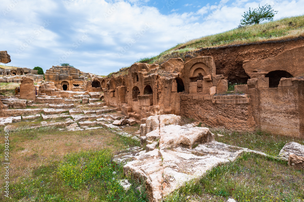 Dara ancient site and the rock tombs near the city of Mardin, Turkey. The view of archaeological site of Dara, Mesopotamia, Turkey