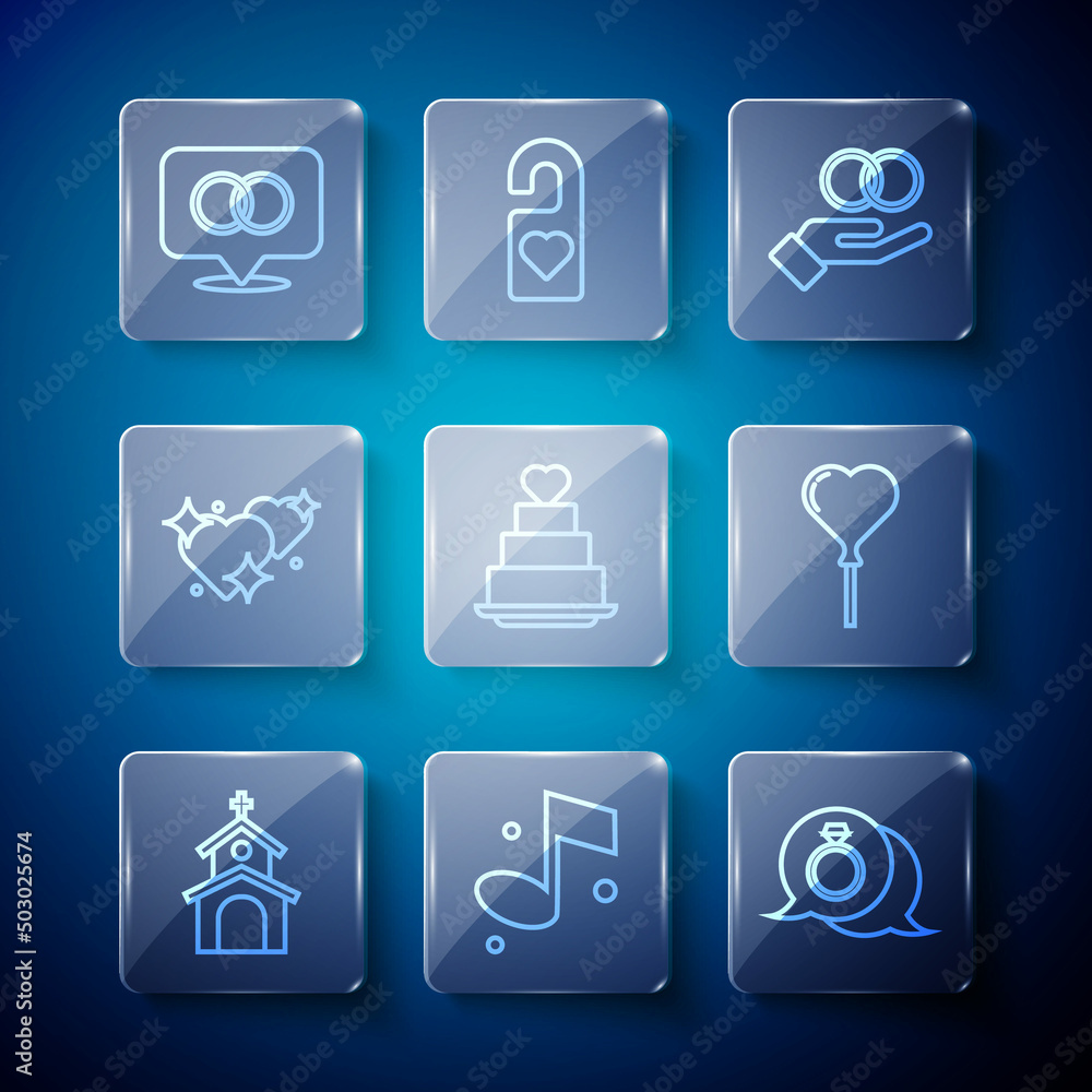 Set line Church building, Music note, Diamond engagement ring, Wedding rings, cake with heart, Two Linked Hearts, and Balloons form of icon. Vector Set line Church building, Music note, Diamond engagement ring, Wedding rings, cake with heart, Two Linked Hearts, and Balloons form of icon. Vector