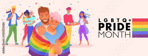 LGBTQ plus PRIDE month banner with diverse people supporting LGBT rights and movements