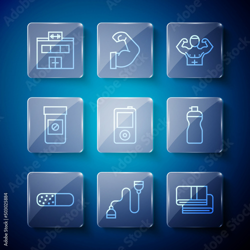 Set line Vitamin pill, Chest expander, Towel stack, Bodybuilder muscle, Music player, Anabolic drugs, Gym building and Fitness shaker icon. Vector