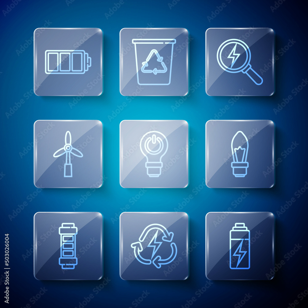 Set line Battery, with recycle, Lightning bolt, bulb lightning, Wind turbine, and icon. Vector Set line Battery, with recycle, Lightning bolt, bulb lightning, Wind turbine, and icon. Vector