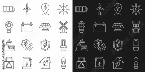 Set line Light bulb, LED light, Wind turbine, Lightning bolt, Car battery, with lightning, Battery and Solar energy panel icon. Vector