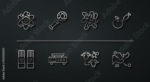 Set line Atom, Medical rubber gloves, Genetically modified apple, Cloning, Electronic scales, DNA research, search, Prosthesis hand and Cell icon. Vector