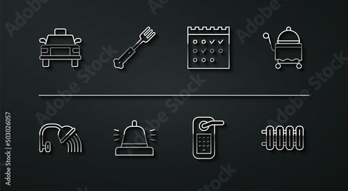 Set line Taxi car, Shower head, Covered with tray, Digital door lock, Hotel service bell, Fork, Heating radiator and booking calendar icon. Vector