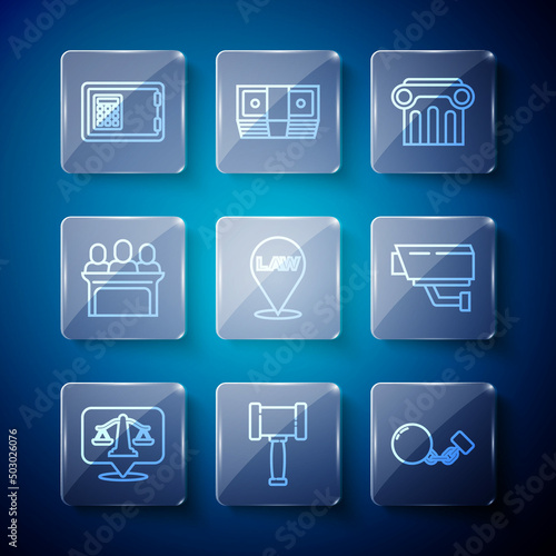 Set line Scales of justice, Judge gavel, Ball on chain, Law pillar, Location law, Jurors, Safe and Security camera icon. Vector