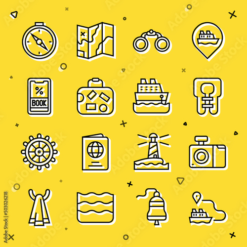 Set line Ship line path, Photo camera, Life jacket, Binoculars, Suitcase, Cruise ticket, Compass and ship icon. Vector