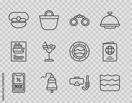 Set line Cruise ticket, Wave, Binoculars, Ship bell, Captain hat, Cocktail, Diving mask and snorkel and Passport icon. Vector