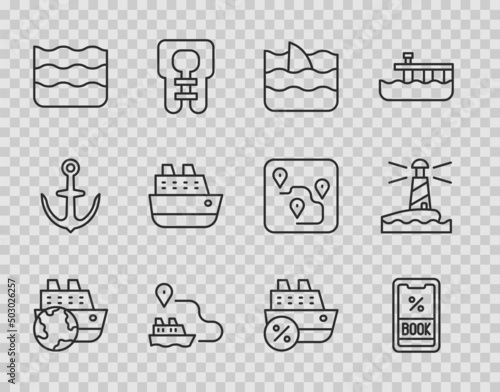 Set line Cruise ship, ticket, Shark fin in ocean wave, Ship line path, Wave, and Lighthouse icon. Vector