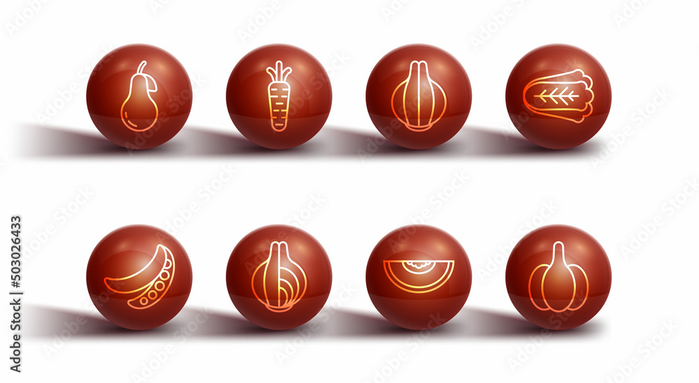 Set line Pear, Green peas, Cabbage, Melon fruit, Onion, Carrot, Garlic and icon. Vector Set line Pear, Green peas, Cabbage, Melon fruit, Onion, Carrot, Garlic and icon. Vector