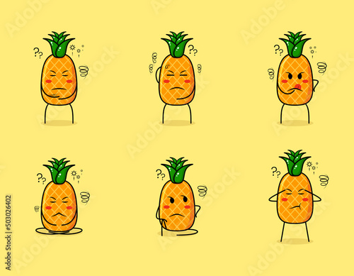 collection of cute pineapple cartoon character with thinking expressions. fruit, simple, and cartoon style. suitable for emoticon, sticker, logo, icon and mascot