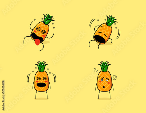 collection of cute pineapple cartoon character with dizzy expressions. suitable for emoticon, logo, symbol and mascot