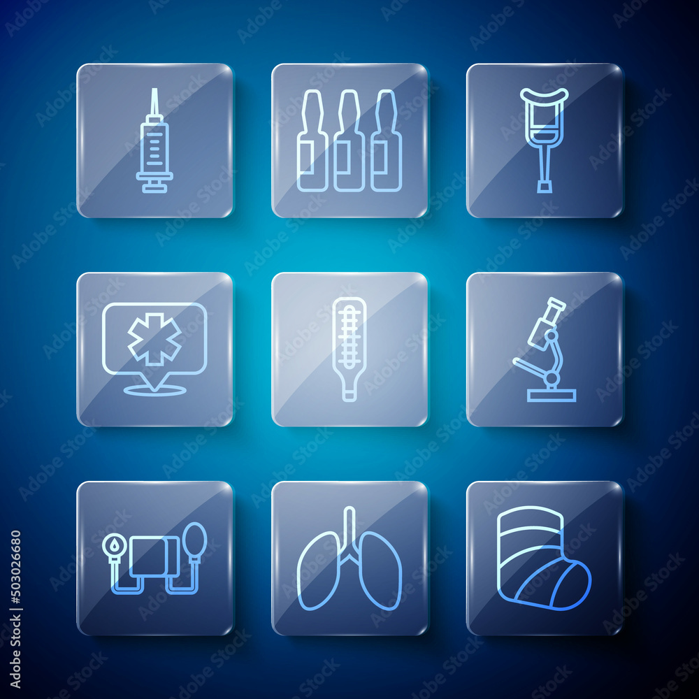 Set line Blood pressure, Lungs, Gypsum, Crutch or crutches, Medical thermometer, symbol of Emergency, Syringe and Microscope icon. Vector Set line Blood pressure, Lungs, Gypsum, Crutch or crutches, Medical thermometer, symbol of Emergency, Syringe and Microscope icon. Vector