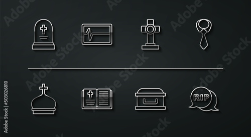 Set line Grave with tombstone, Church tower, Tie, Coffin cross, Holy bible book, Beat dead monitor, Speech bubble rip death and icon. Vector